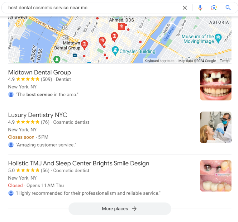 dental website results on google places or maps 