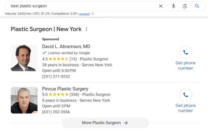 plastic surgeon website results on google places or maps 