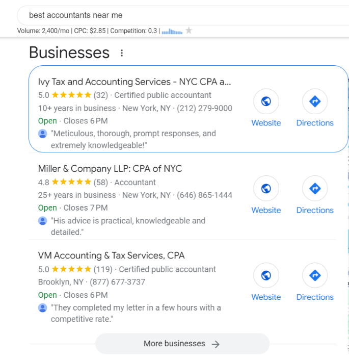 accounting seo website results on google places or maps 