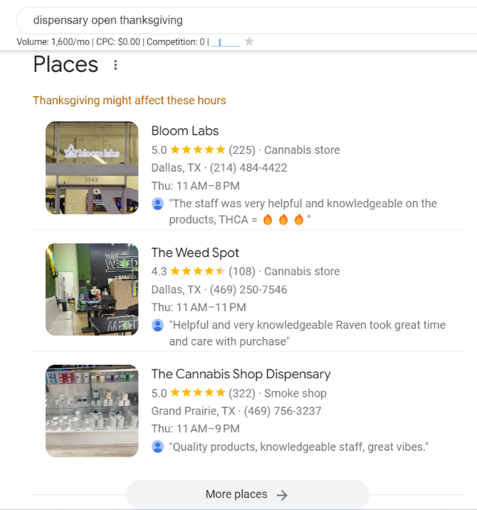 cannabis seo marketing website results on google places or maps 