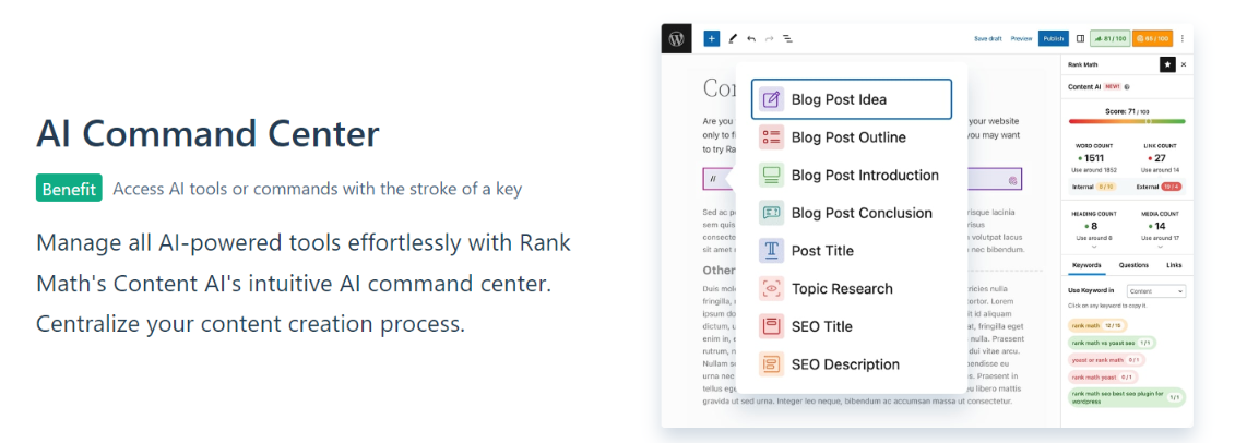 rank math review and showing the content builder dashboard