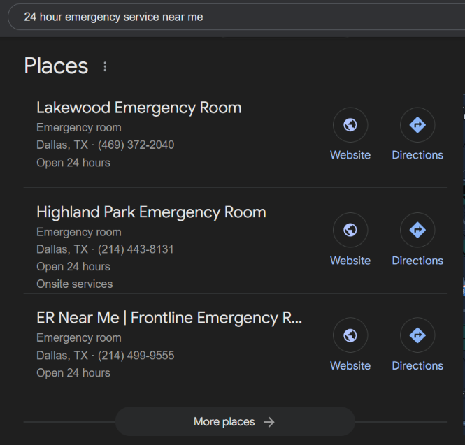 emergency service near me website results on google places or maps 