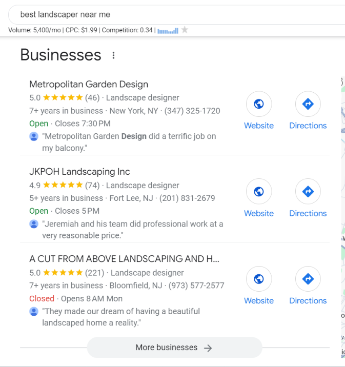 landscaping companies results on google places or maps 