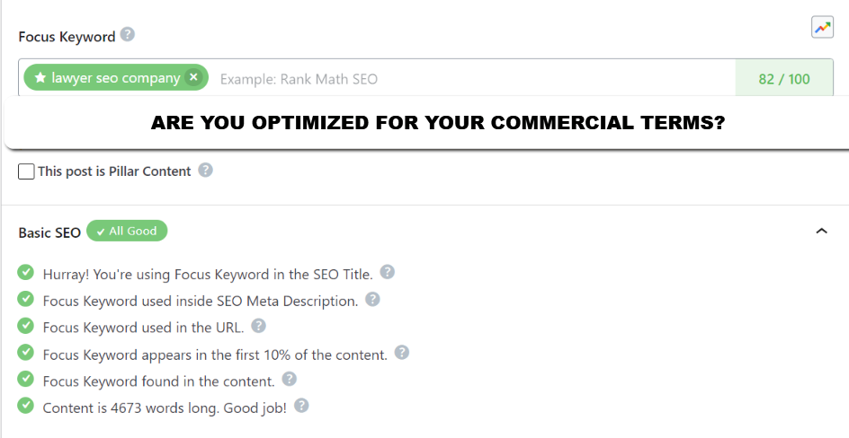 optimized SEO report for on-page seo lawyers company keywords