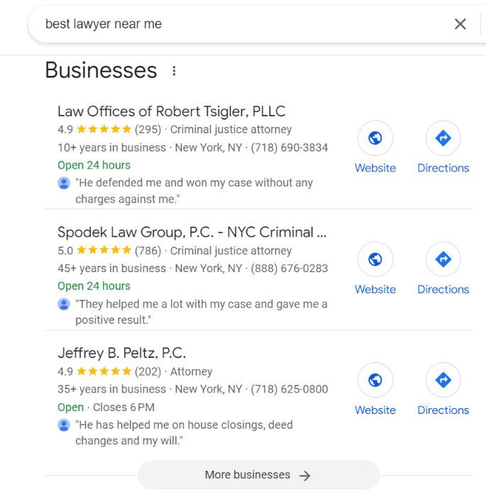 lawyers website search results on google places 