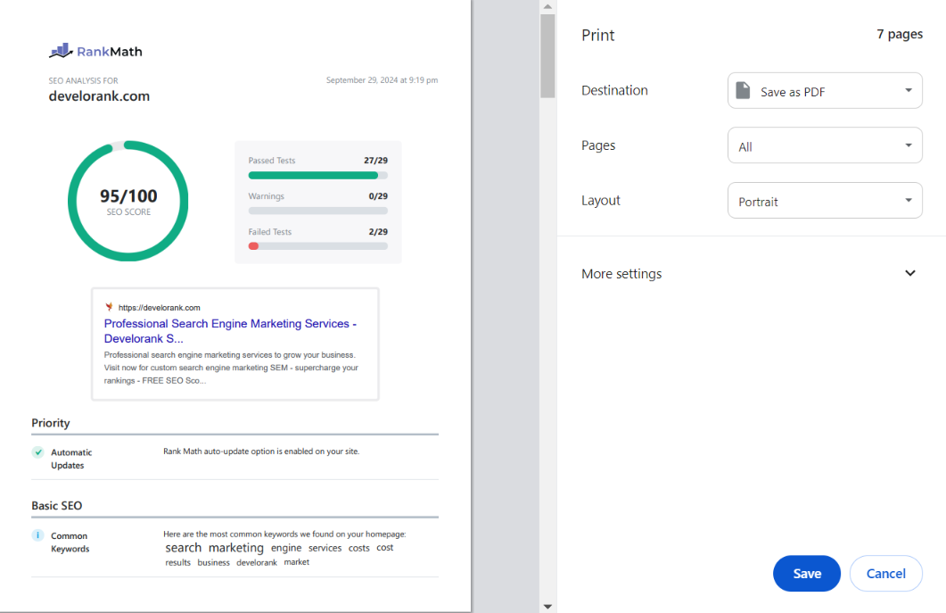 rank math seo reporting and printing the report view