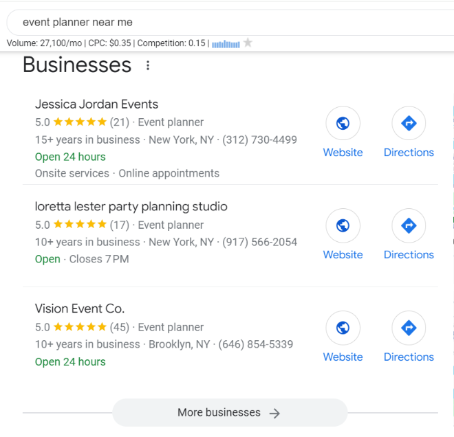 rental and event planner website results on google places or maps 