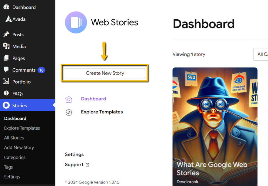 google web stories plugin dashboard to create stories in word press