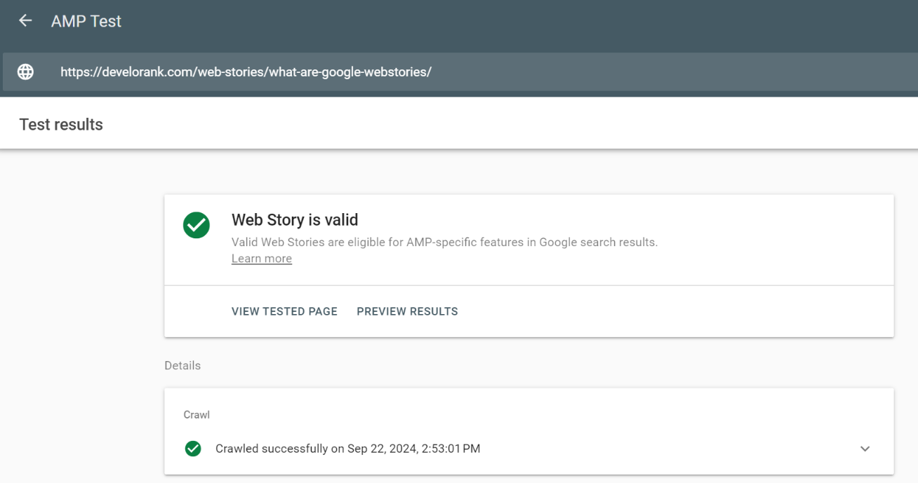 valid google web stories amp and schema test results