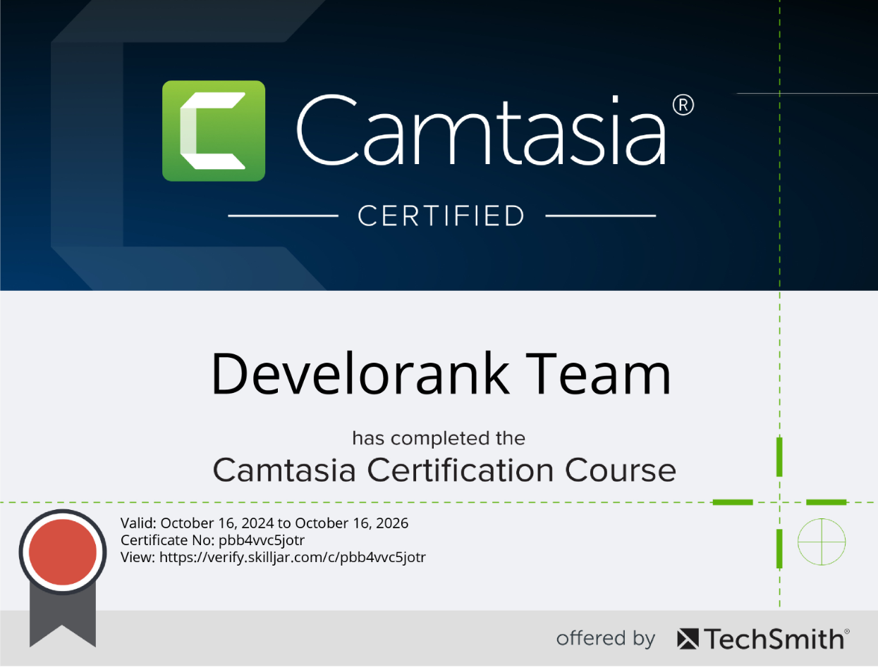 Develorank SEO team certification from TechSmith for Camtasia video production