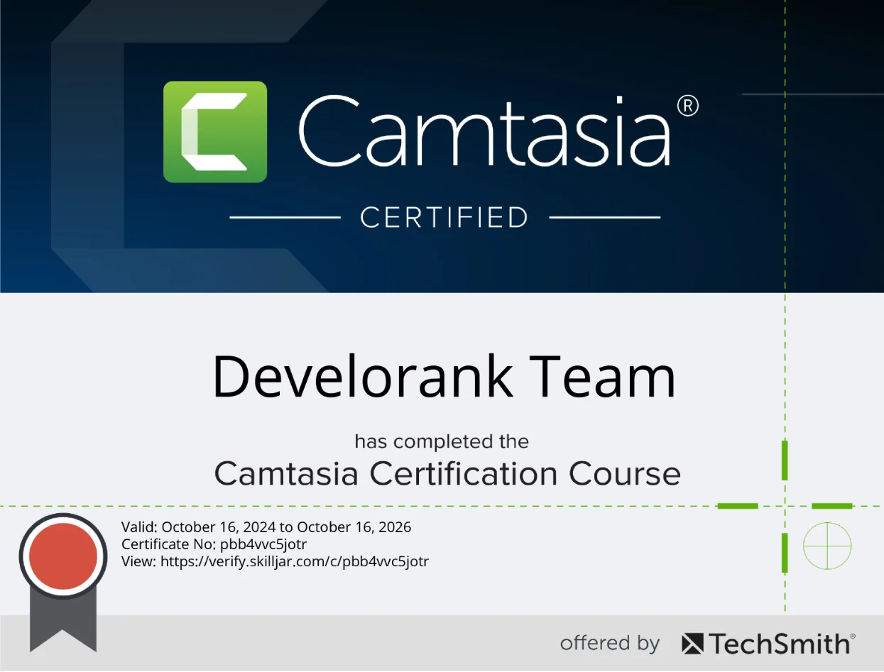 Develorank SEO team certification from TechSmith for Camtasia video production