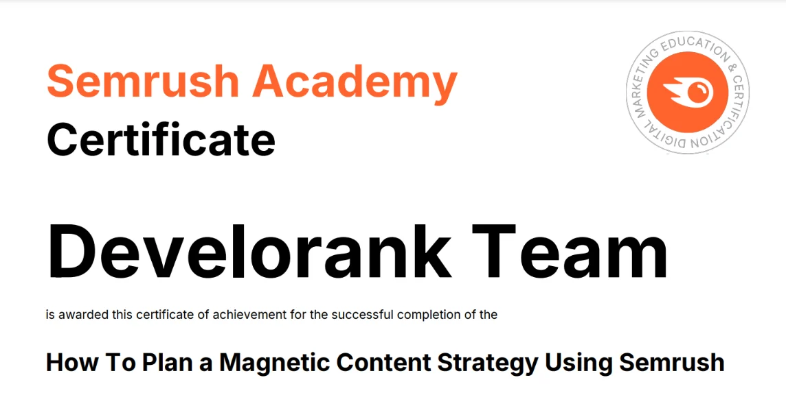 develorank team certification from SemRush for creating a winning content strategy and keyword research with topic clusters