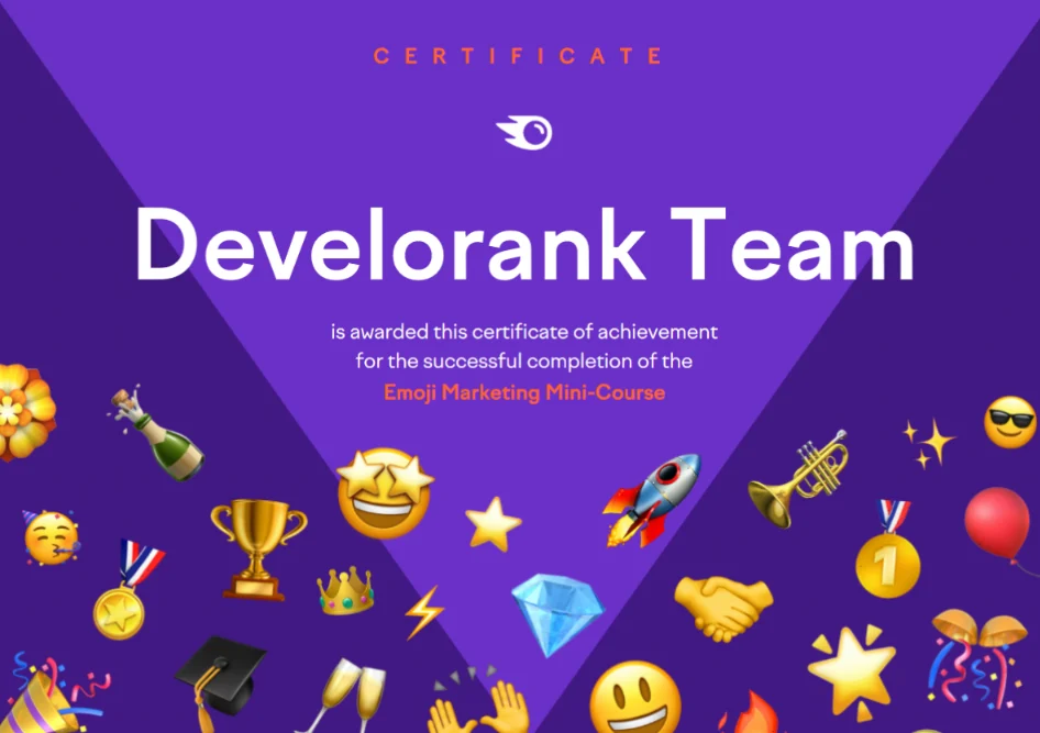 develorank team certification from SemRush for emojies and marketing