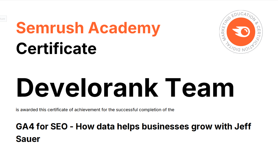 develorank team certification from SemRush for growing a business with GA4