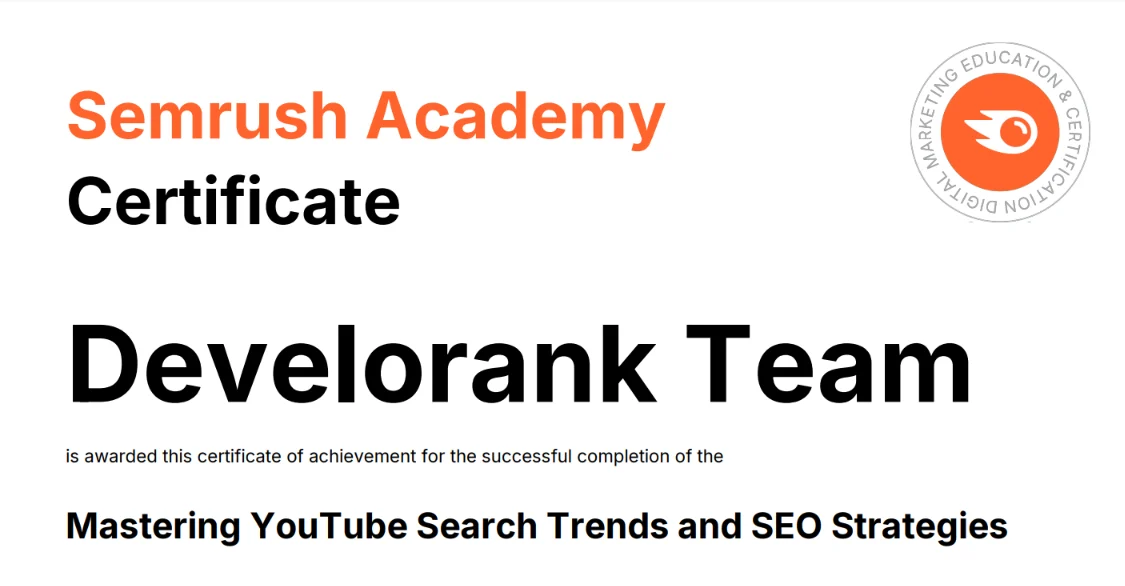 develorank team certification from SemRush for youtube seo and keyword strategy
