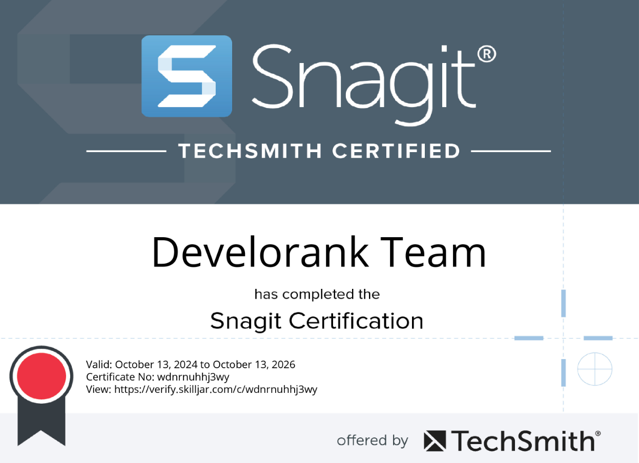 Develorank SEO team certification from TechSmith for SnagIt 