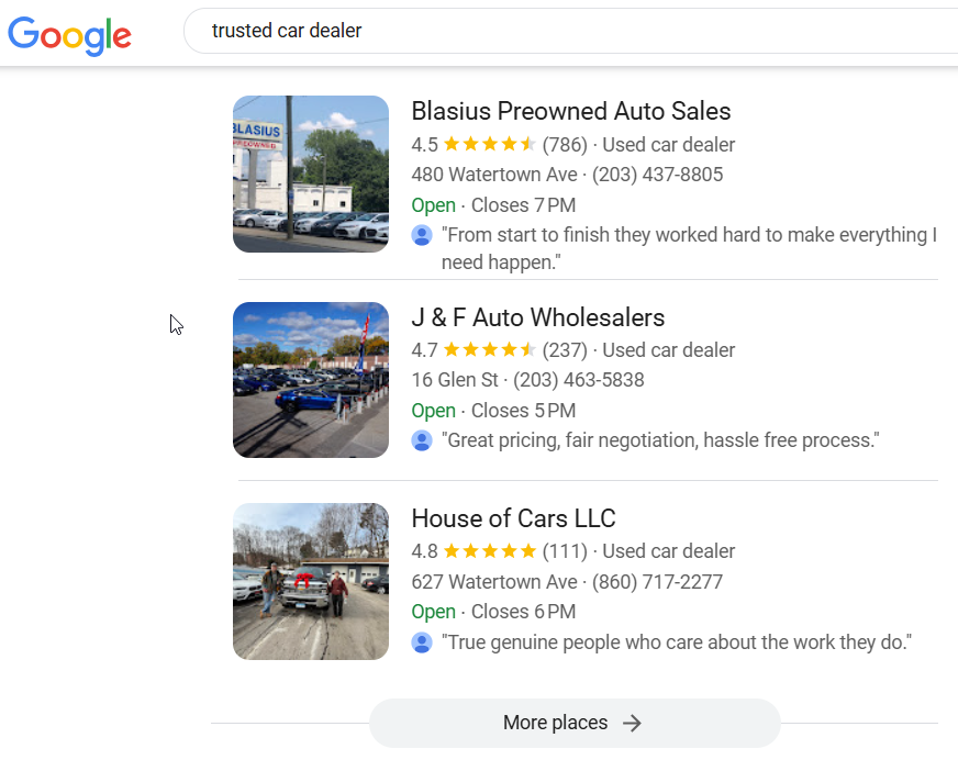 automotive SEO website results on google places or maps 