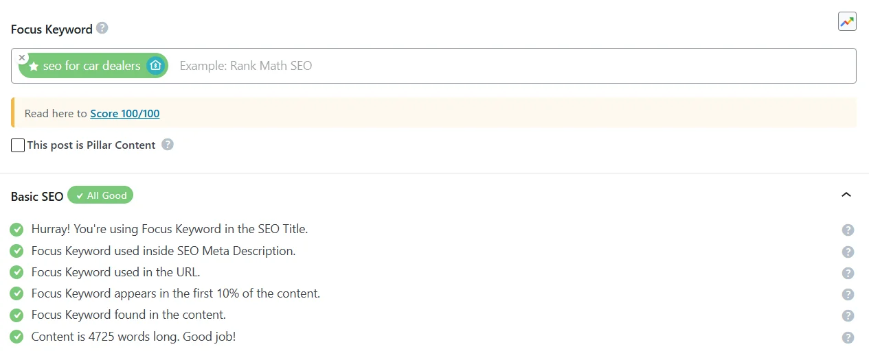optimized keyword report for on page auto seo for dealerships website