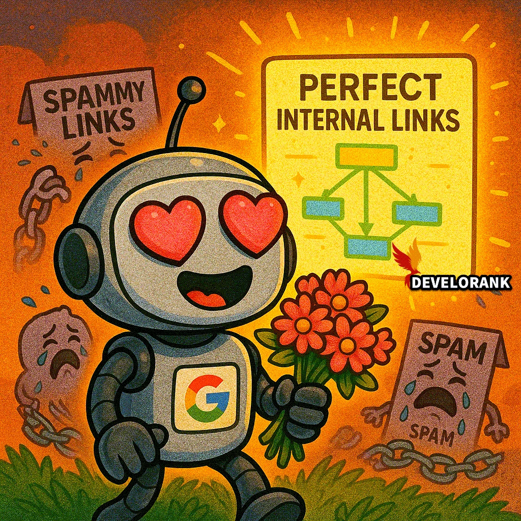 how to rank without building backlinks with a happy Googlebot walking with heart eyes staring at a nice internal link graph