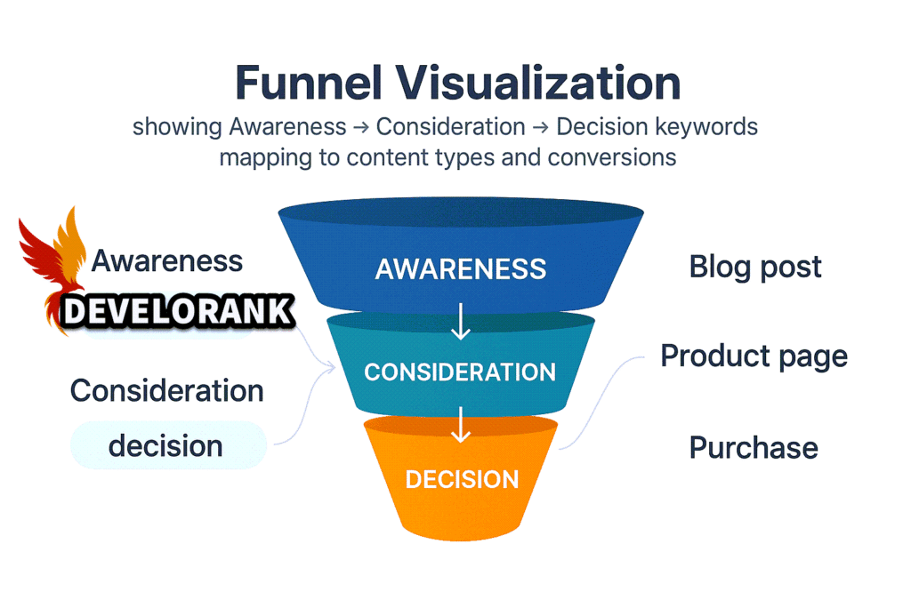 Funnel visualization showing Awareness Consideration Decision keywords mapping to content types and conversions for how to find keyword for a website