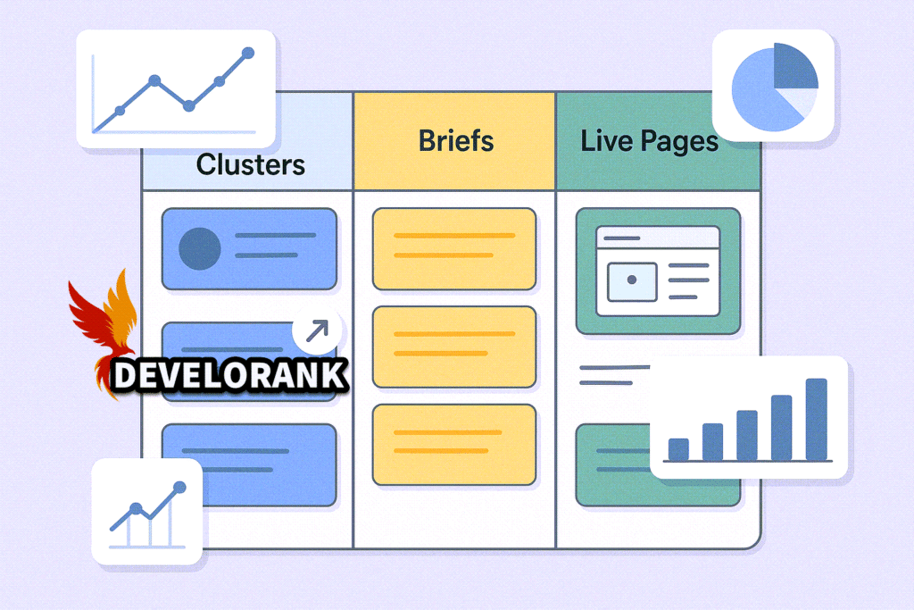 Kanban board showing clusters, briefs, and live pages with analytics overlays for finding keywords for website