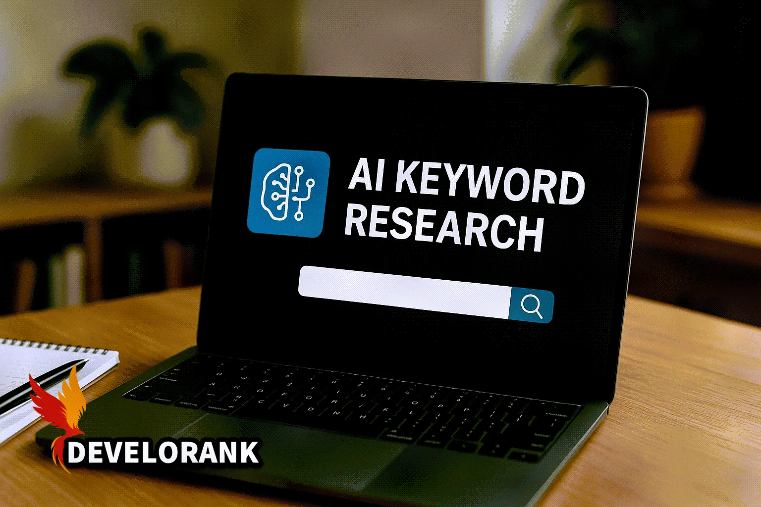 AI keyword research with a laptop and Develorank SEO branding